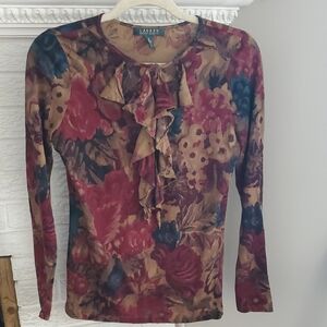 Vintage Ralph Lauren Women's Floral Ruffle Cotton Button Up Y2K Blouse Size S